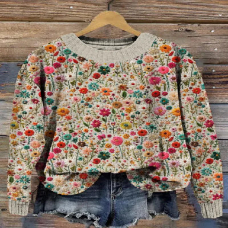 Little flower digital printed round neck polyester sweater in extended sizes S to 4XL