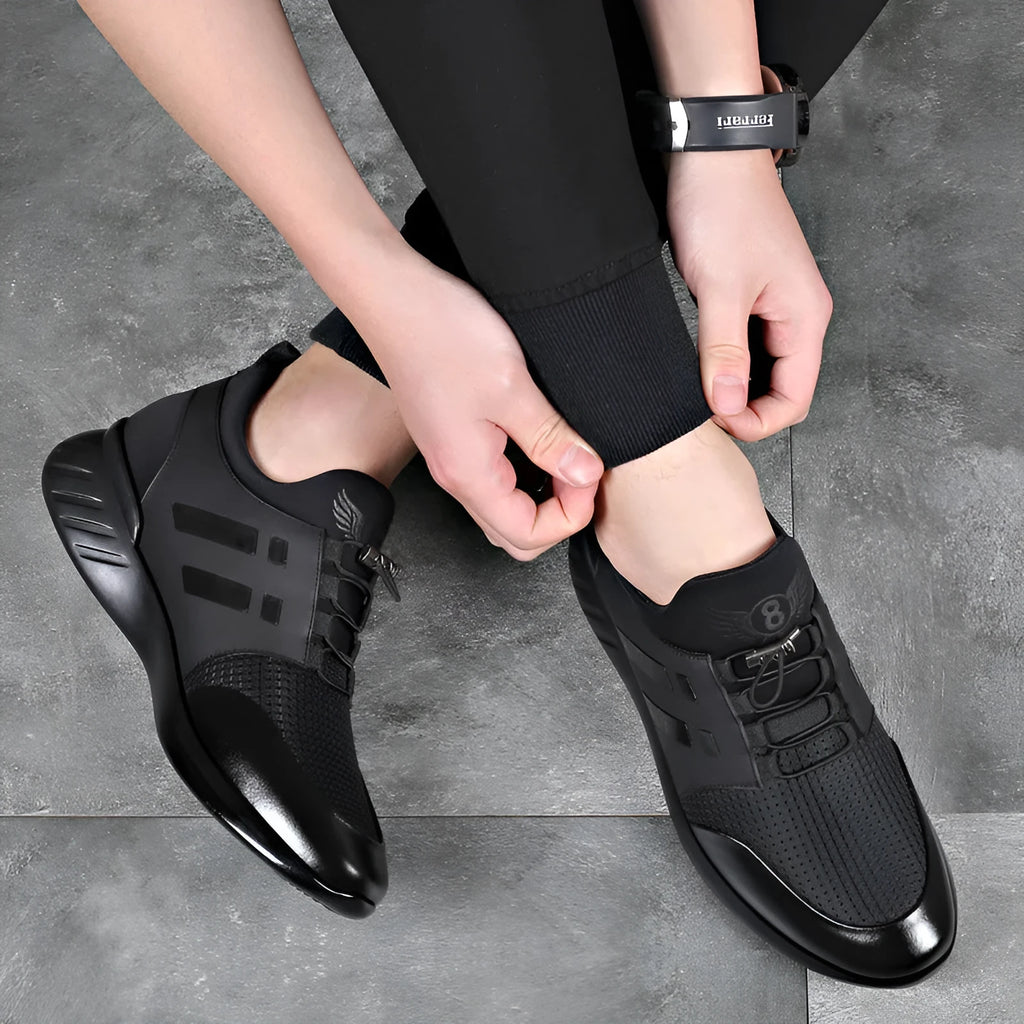 Men's black casual shoes with concealed height increase platform in leather, Lycra or mesh options