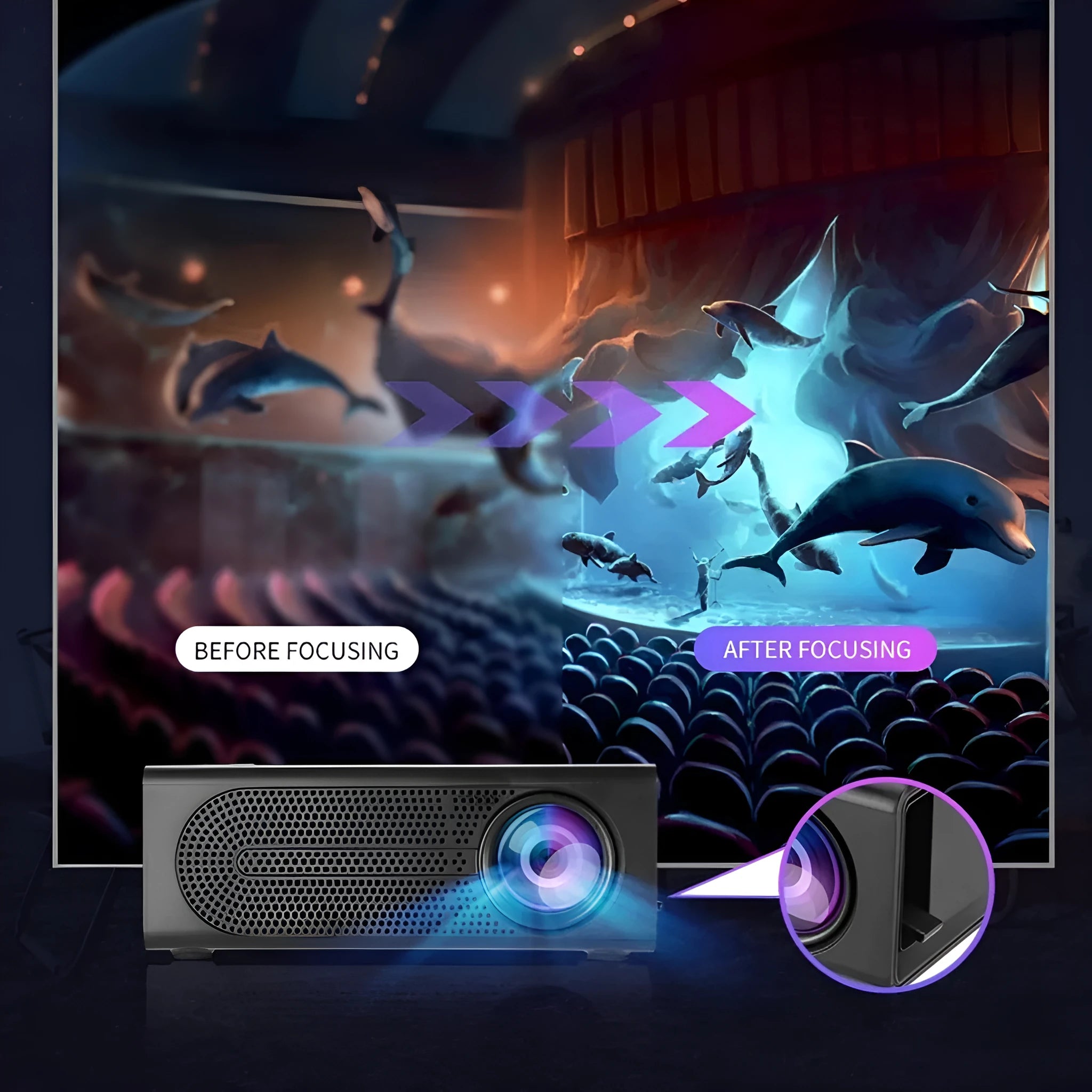 Black and white portable mini projector with wired mobile phone connection and international power adapters