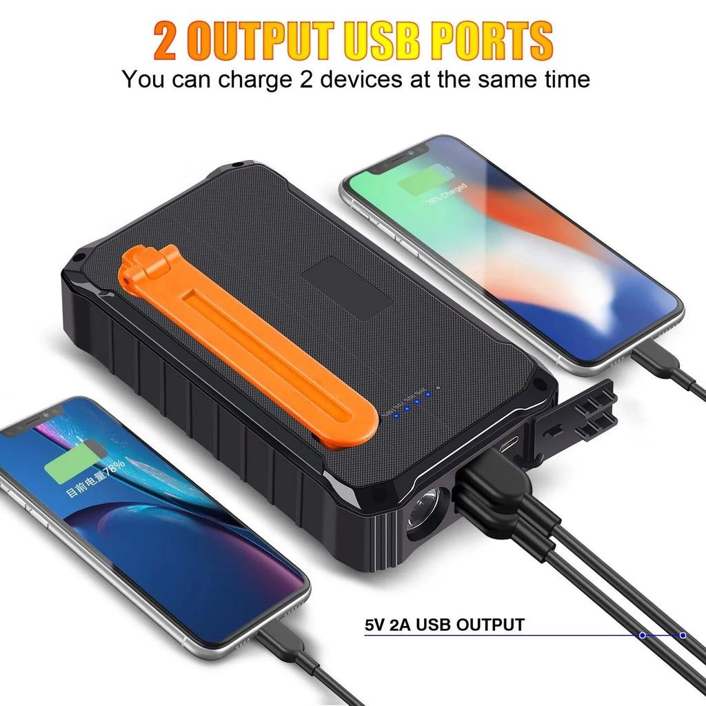 Orange hand solar mobile power bank showing USB ports, solar panel, and hand charging mechanism