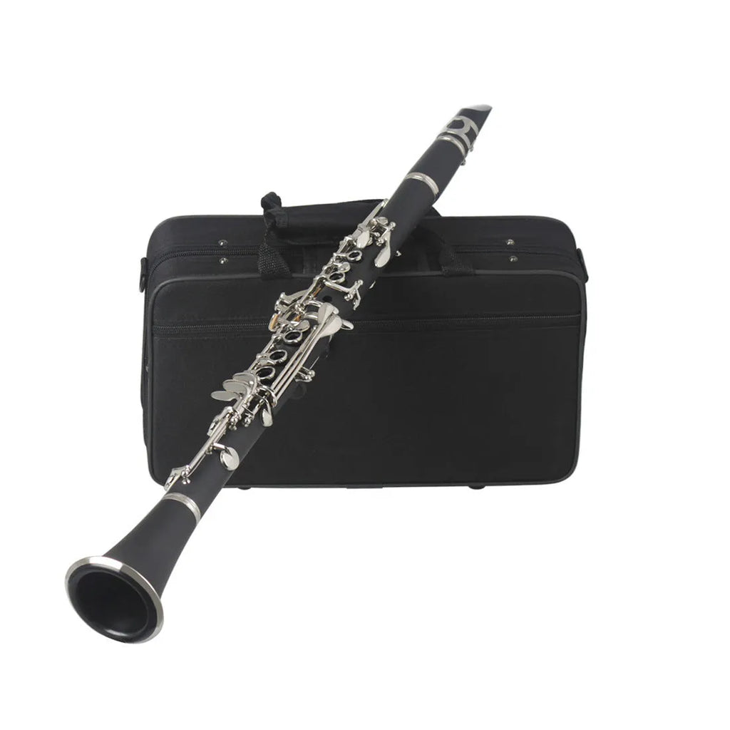 Black clarinet with 17 Bakelite keys and nickel plating alongside protective carrying bag
