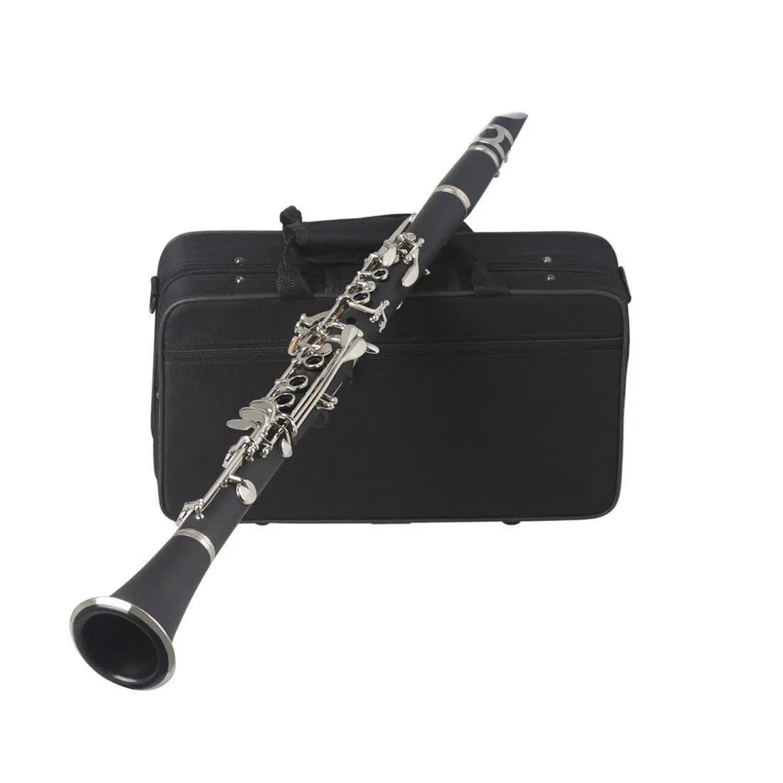 Black clarinet with 17 Bakelite keys and nickel plating alongside protective carrying bag