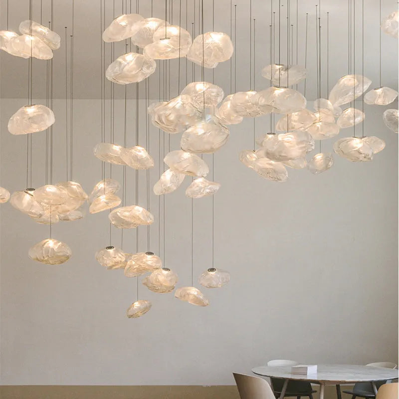 Modern fabric chandelier with glass shade in clear, amber or smoke grey colour options