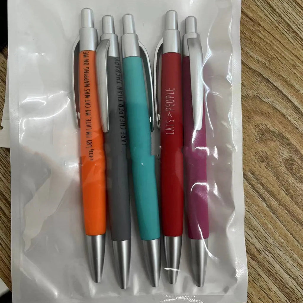 Set of 10 automatic push-action pen markers with cat and dog designs in beaded bag packaging