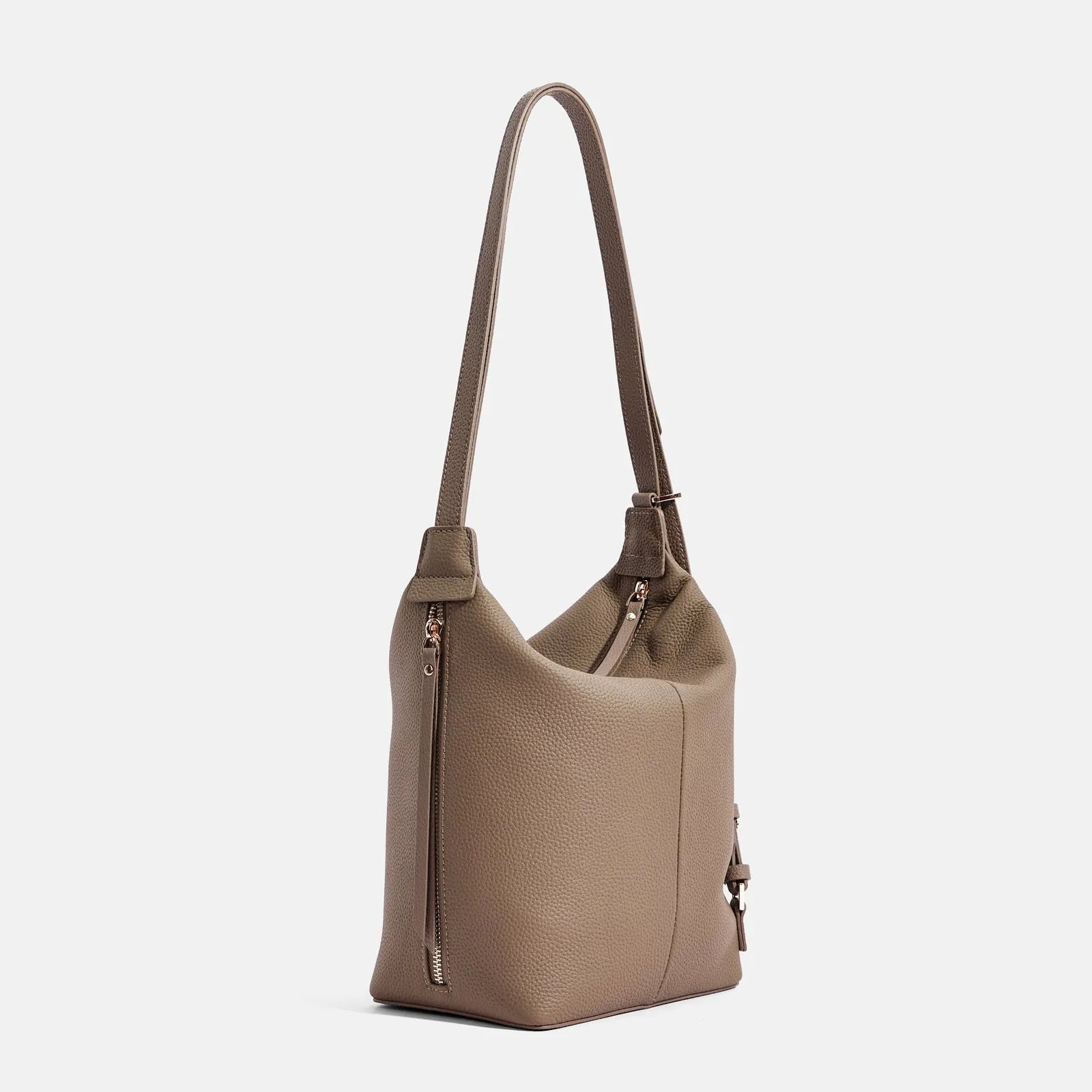 Women's soft genuine cowhide leather bucket bag in elephant grey colour