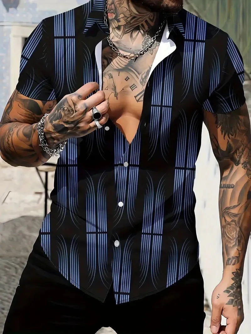 Men's geometric pattern short sleeve shirt with lapel collar in slim fit design
