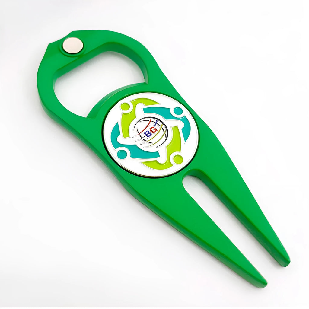 Zinc alloy golf ball fork and bottle opener tool in black, green or silver colour options