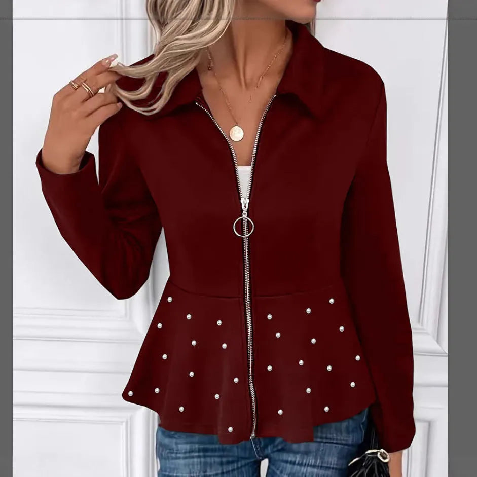 Women's solid-colour beaded coat with a ruffled hem and heavy-duty zipper in a loose fit.