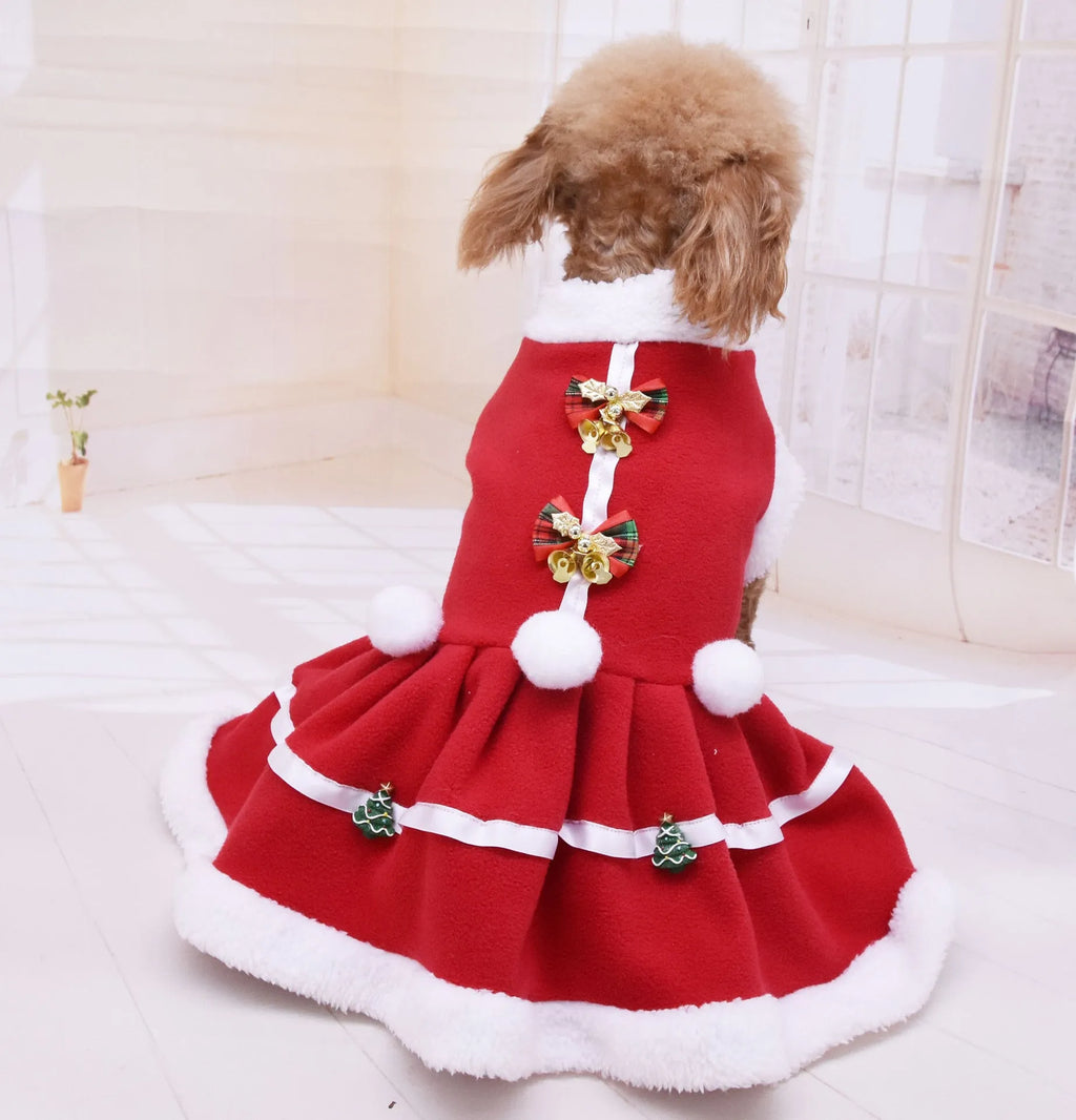 Red fleece dog dress with skirt design for small dogs, shown on a pet model