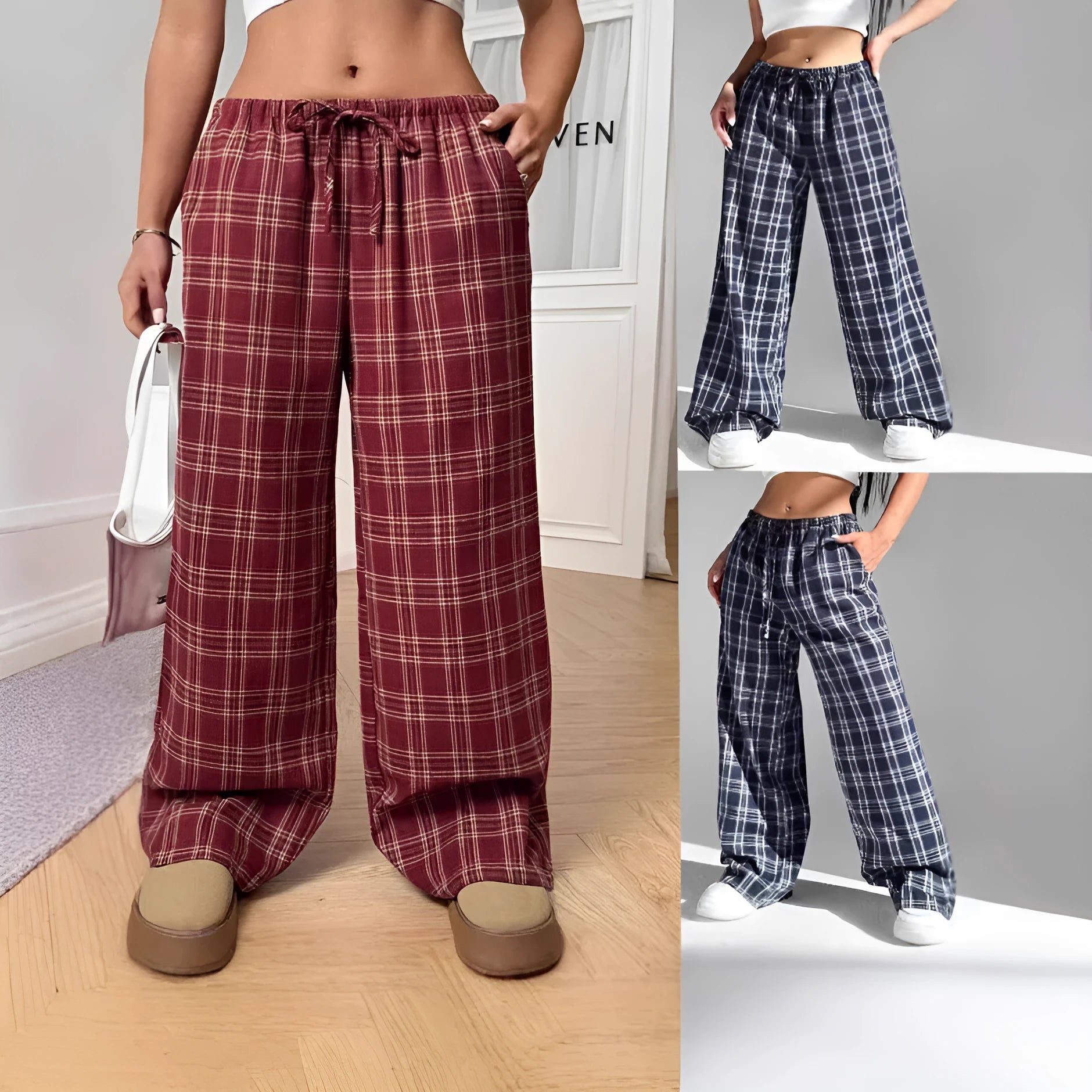 Women's loose plaid trousers with drawstring waist and front pockets in red or blue colours