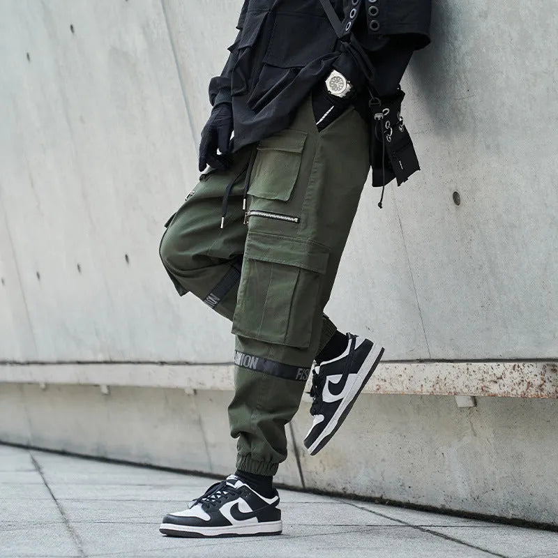 Men's loose plus size mechanical style cotton trousers in black, mid-waist, full length