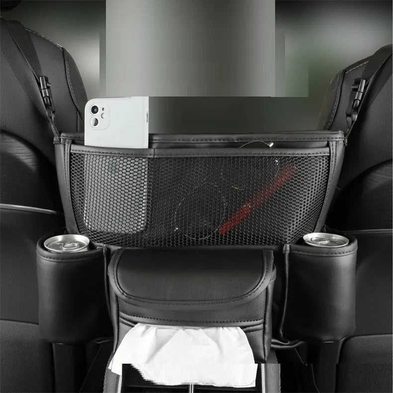 Multi function car centre console armrest storage bag in leather, 36x26x18 cm, black colour, installed between seats