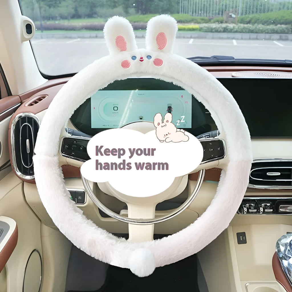 Plush rabbit fur steering wheel cover with embroidered cartoon animal design for winter thermal comfort