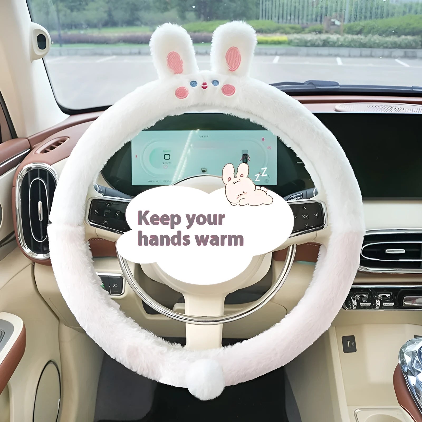 Plush rabbit fur steering wheel cover with embroidered cartoon animal design for winter thermal comfort