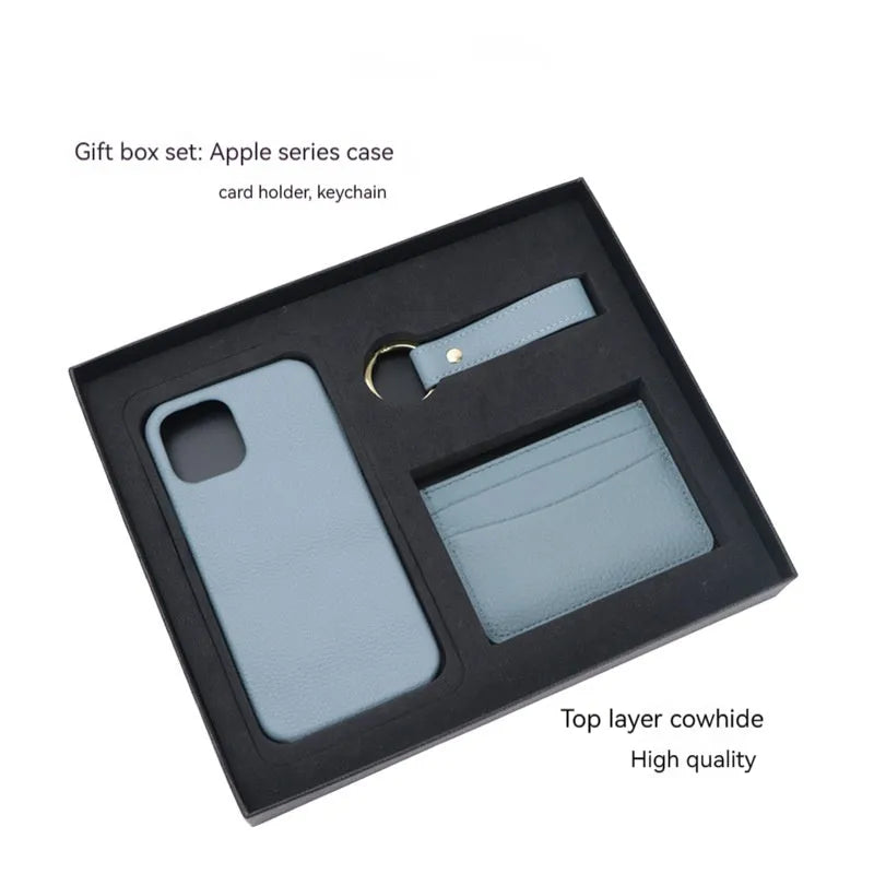 Genuine leather iPhone case, keychain and card holder gift set in black, brown, navy blue and other colours