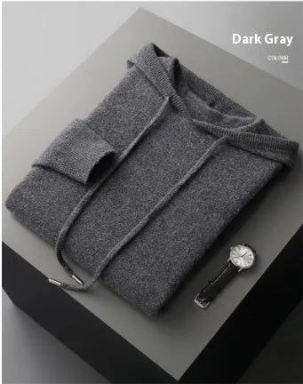 Men's light grey cashmere hooded sweatshirt and trousers set for winter leisure wear.