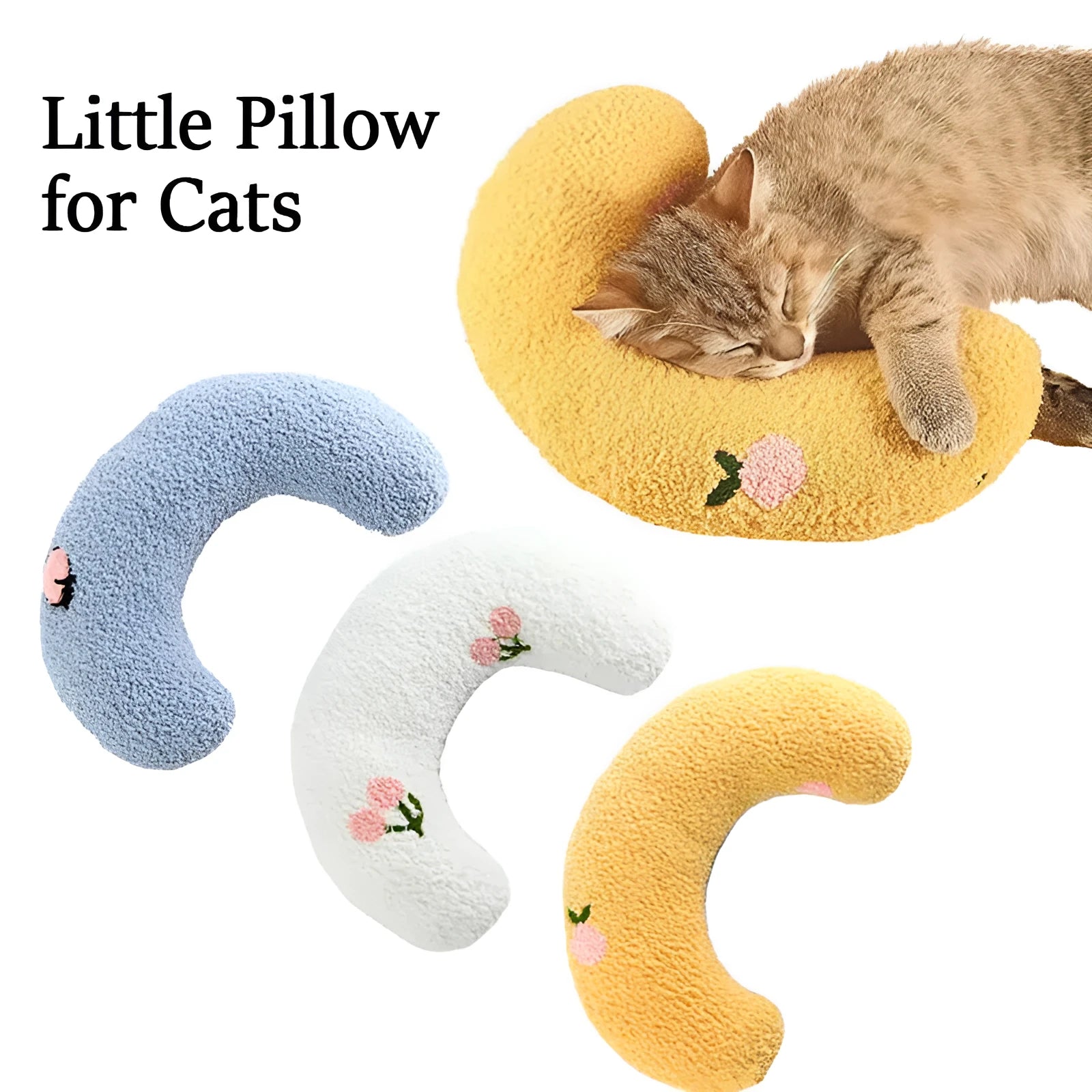 Blue U-shaped plush pet pillow for a small cat or dog on a grey background.