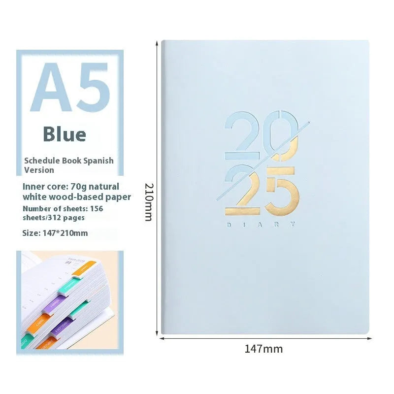 A5 faux leather daily schedule book open showing Dorian paper pages with binding detail