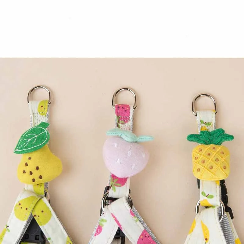 Fruit print dog collar and leash set in polyester, adjustable collar 26-41cm or 30-55cm, 1.2m leash, green, pink or yellow