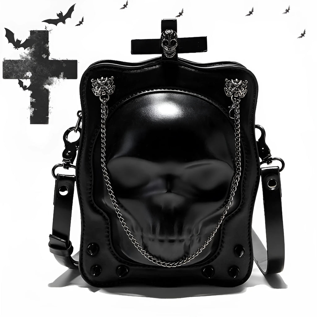 Black mini square crossbody bag with 3D embossed skull design, stitching, and chain detailing