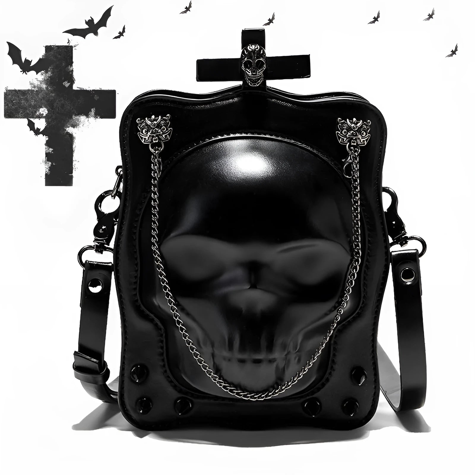 Black mini square crossbody bag with 3D embossed skull design, stitching, and chain detailing