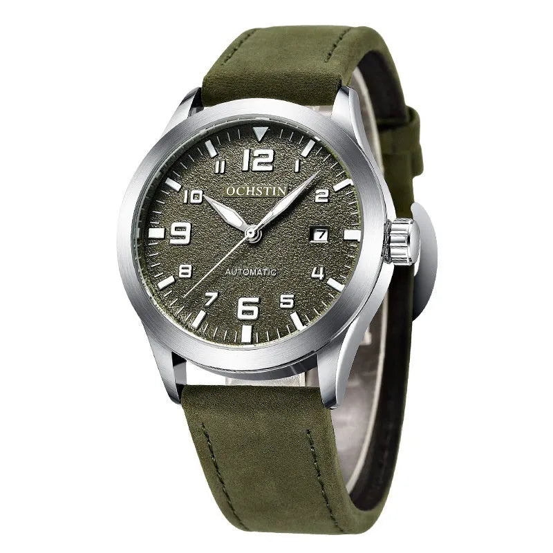 Men's automatic mechanical watch with leather strap and stainless steel case