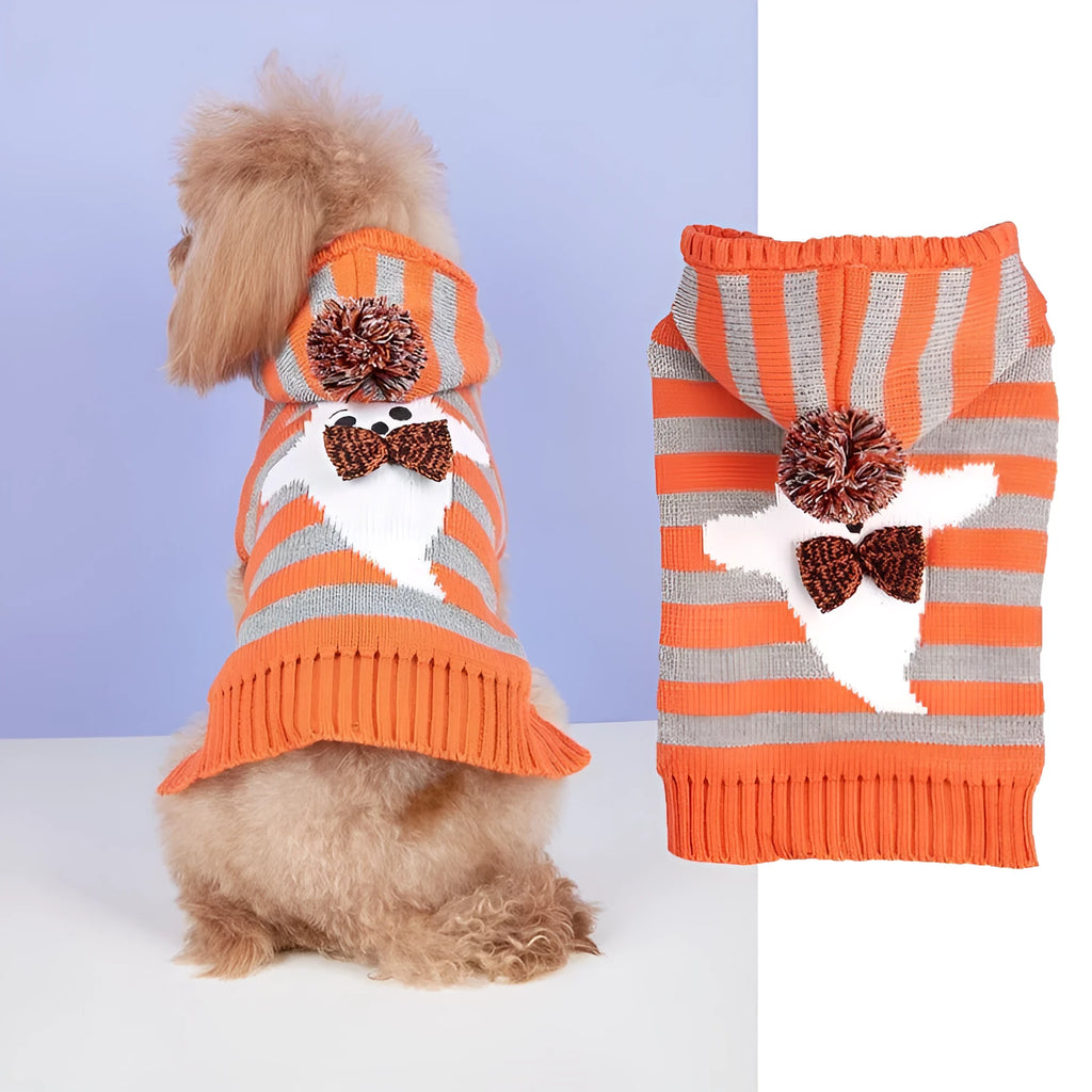 Orange and black striped knitted hooded sweater for dogs or cats with fur ball details.