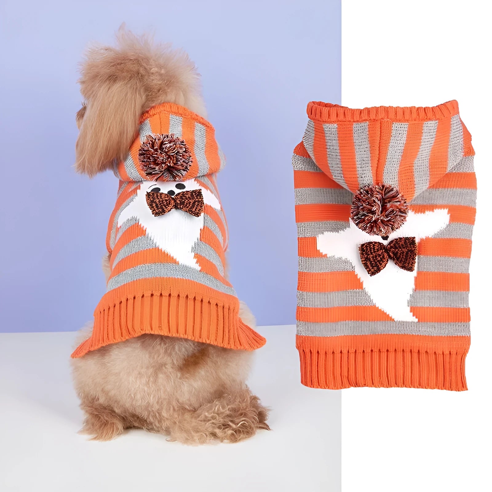Orange and black striped knitted hooded sweater for dogs or cats with fur ball details.