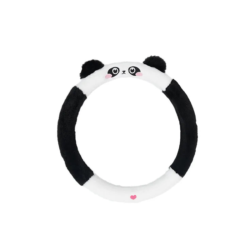 Plush rabbit fur steering wheel cover with embroidered cartoon animal design for winter thermal comfort