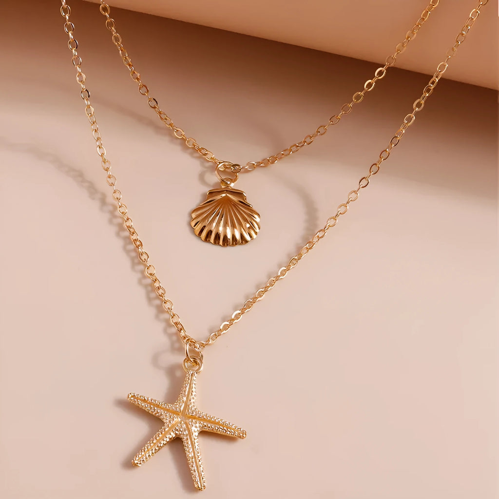 Double-layer gold necklace with shell pendant on alloy chain, fashion OL style for women