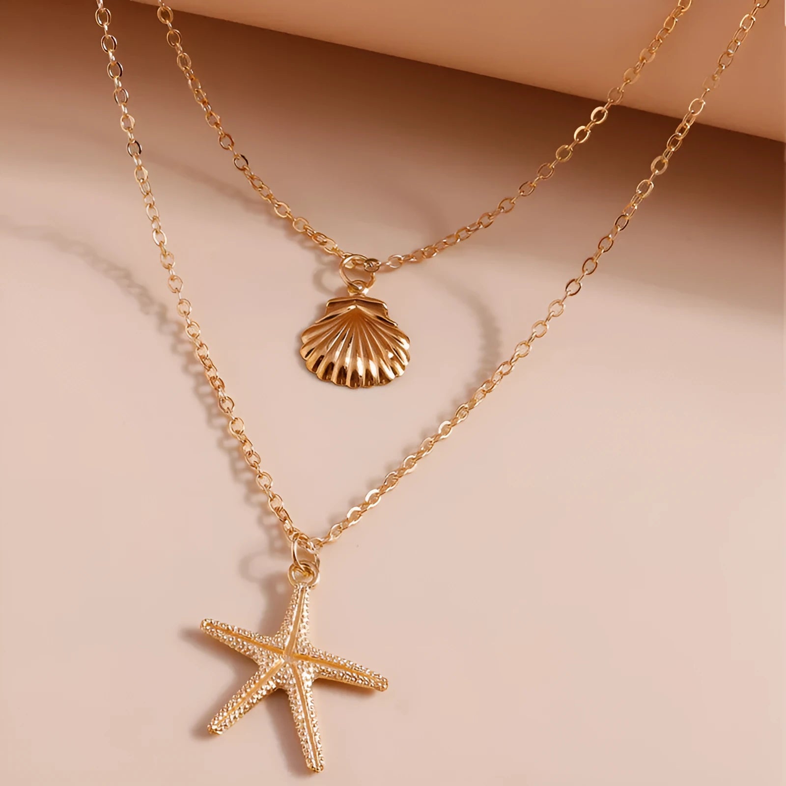 Double-layer gold necklace with shell pendant on alloy chain, fashion OL style for women