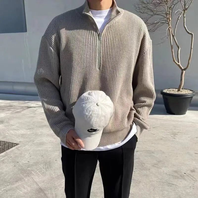 Men's loose fit half zip pullover sweater in black polyester blend long sleeves casual spring autumn top