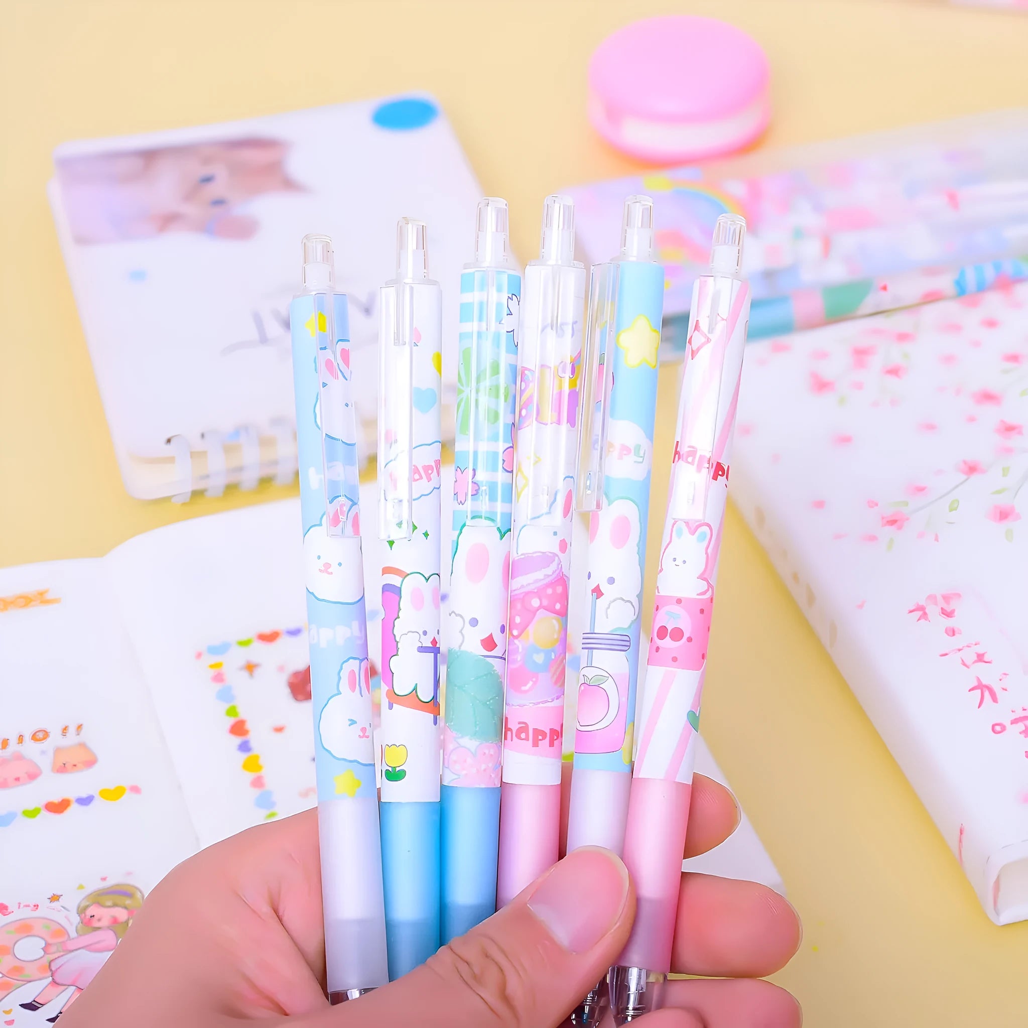 Six cartoon bunny student stationery pens with 0.5mm black signature tips in neutral colours