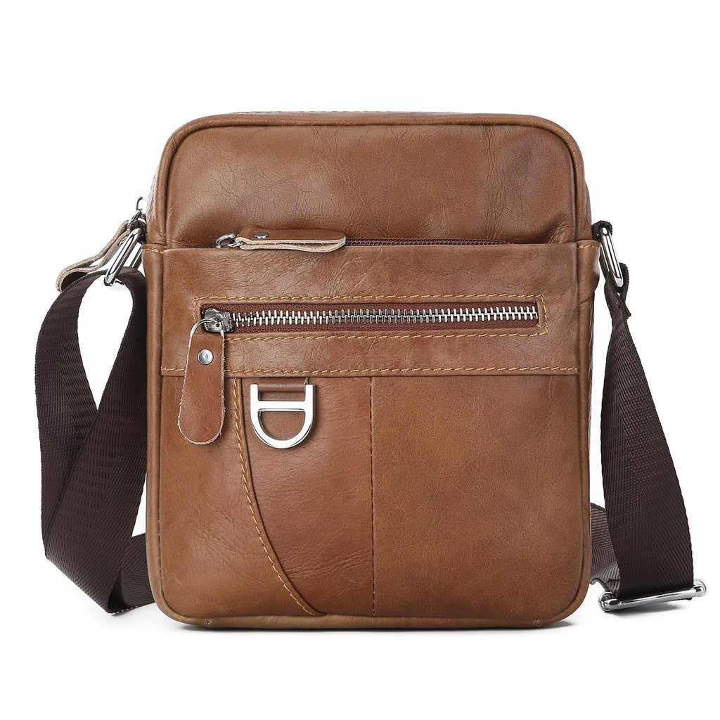 Black leather messenger bag for boys with 8-inch size and visible stitching