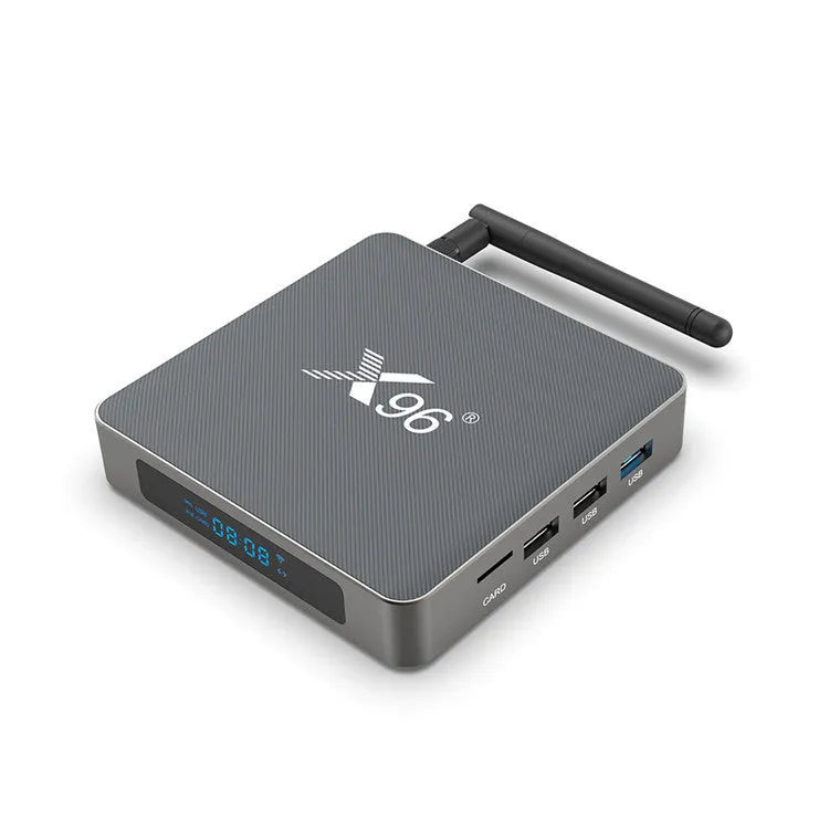 Android smart set-top box with remote control showing dual-band WiFi and Bluetooth connectivity options