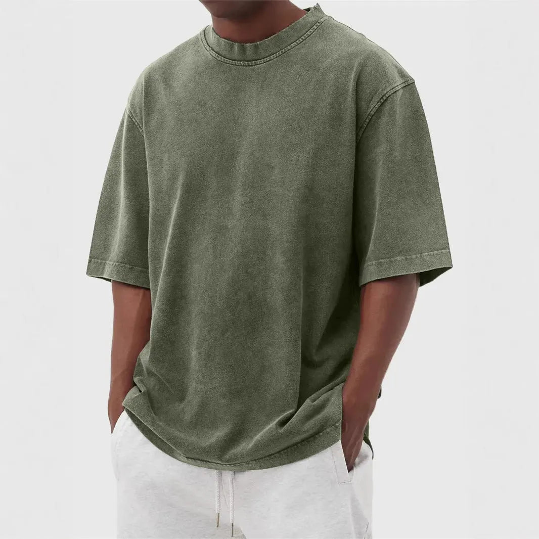 Men's loose stone-washed polyester pullover t-shirt in army green.