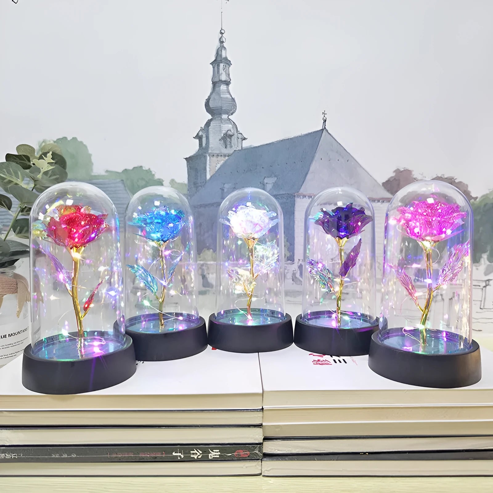 Small decorative night lamp with plastic flower cover and black base, showing coloured light option.