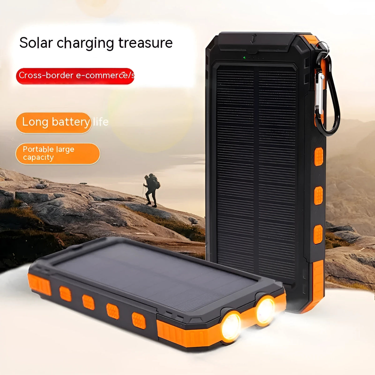 Waterproof solar charging power supply 20000mAh with compass and LED light in orange