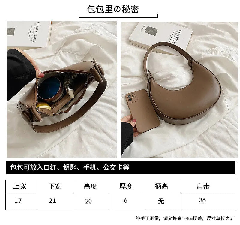 Retro dumpling shape shoulder bag in PU leather showing dimensions 21x20x6cm with zipper change bag interior