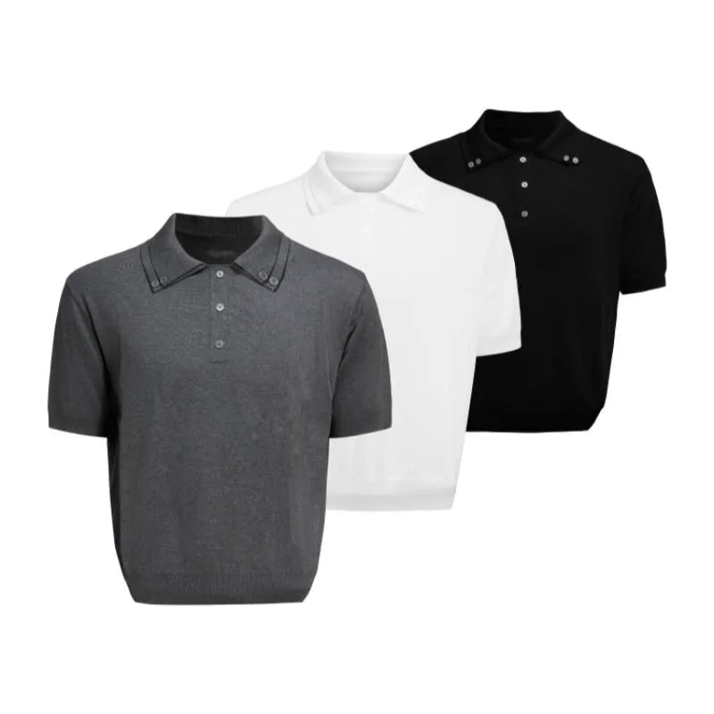 Men's grey short sleeve knit shirt featuring a double collar design with fasteners, shown in a loose fit.