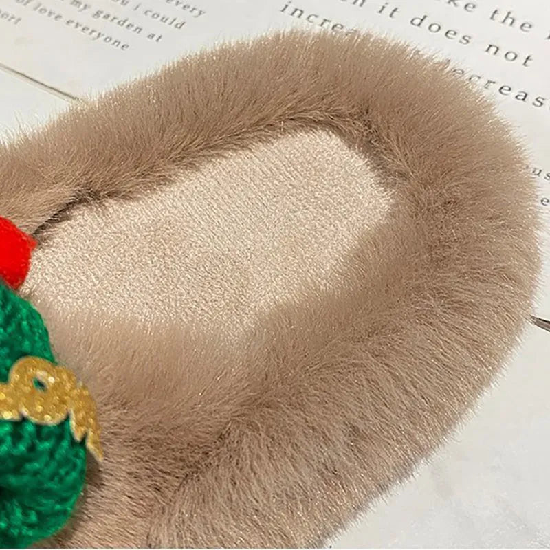 Women's super hairy faux plush slippers with Christmas hat decoration in black.