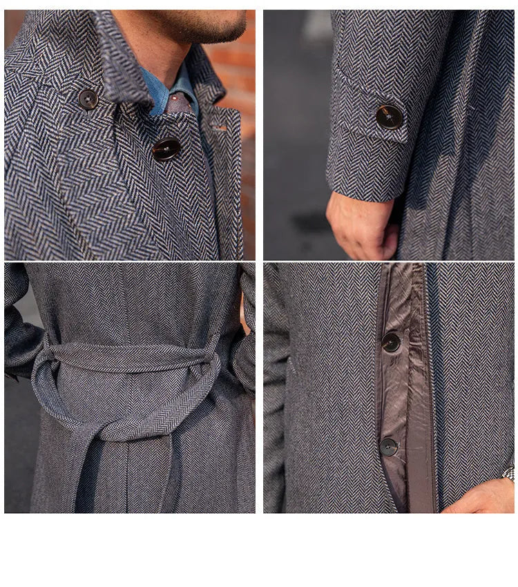 Men's herringbone wool slim fit mid length coat in blue with lapel collar and single-breasted placket