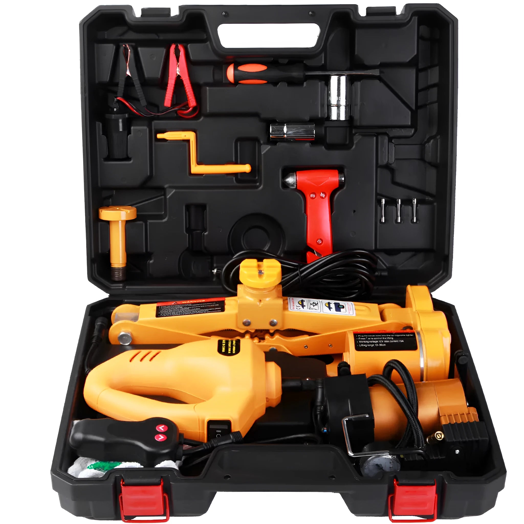 Yellow steel electric car jack set with 12V power wrench for tyre changes