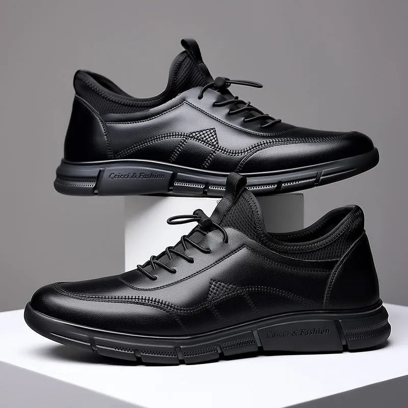 Men's black casual business shoes made of cowhide with leather stitching and a square low heel.
