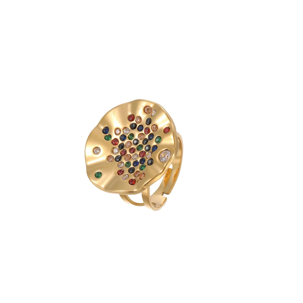 Titanium steel geometry ring with pleated inlaid colour diamonds in adjustable open mouth design