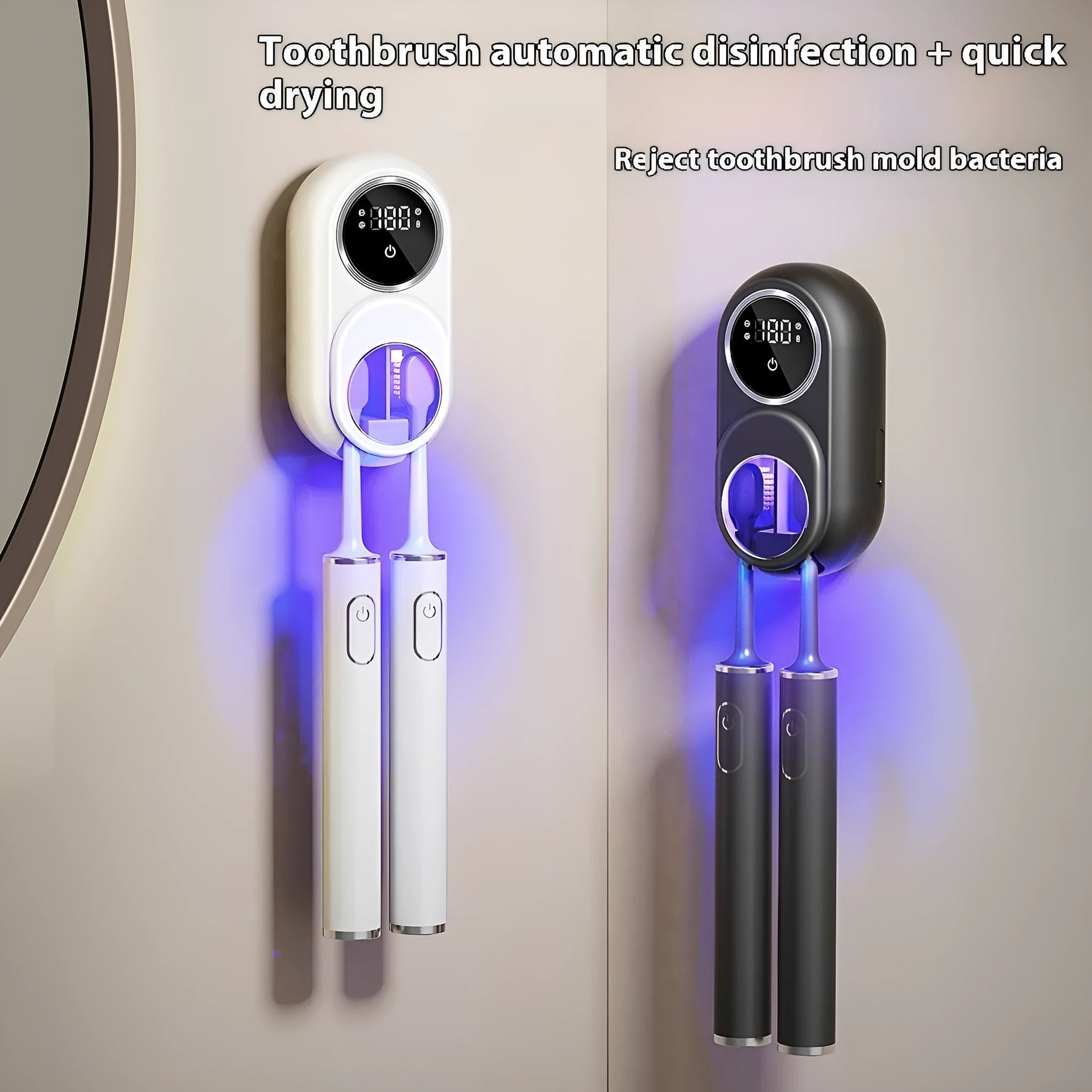 White electric UV sterilisation and drying wall rack mounted on a bathroom tile.