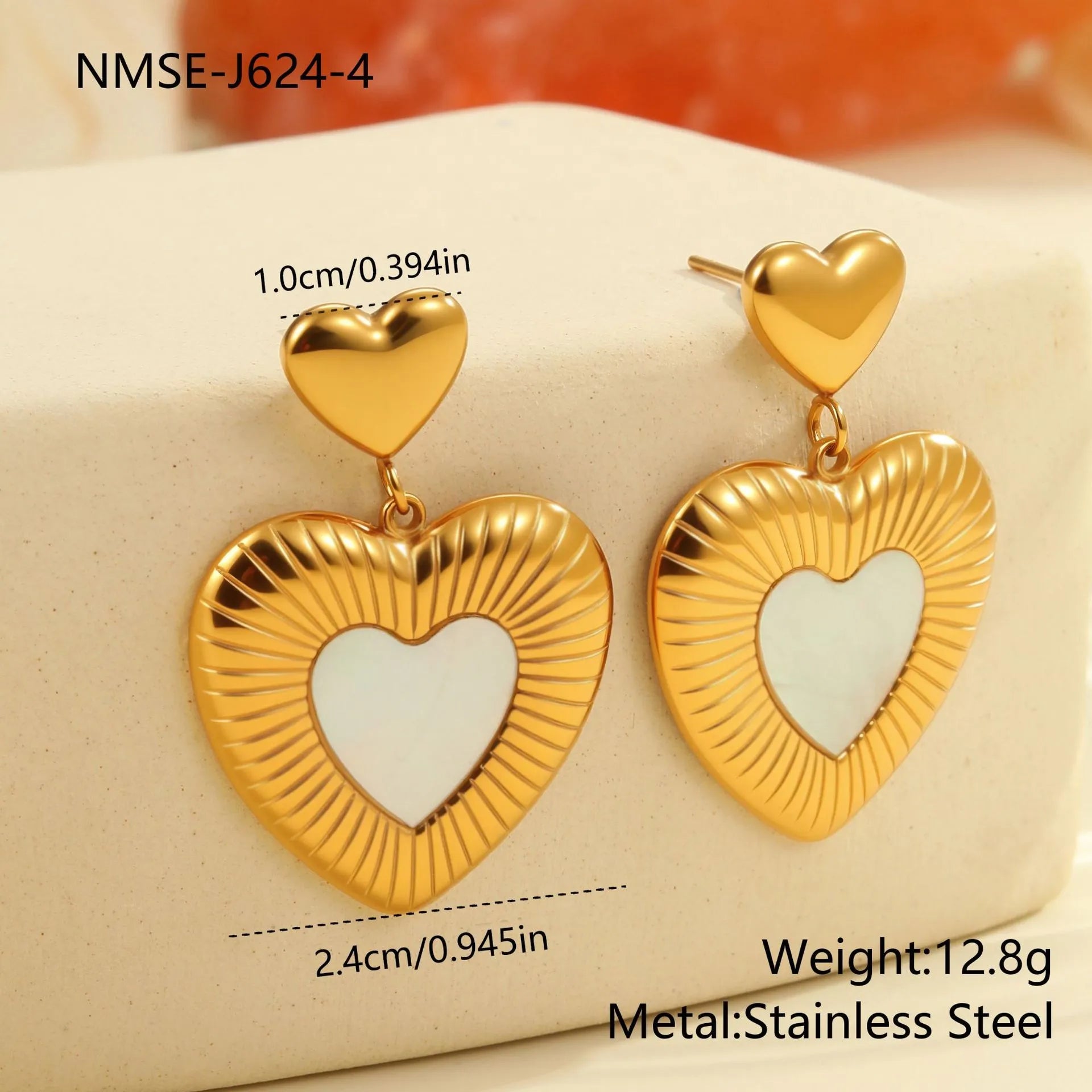 Women's gold electroplated heart-shaped earrings with fritillary design on stainless steel
