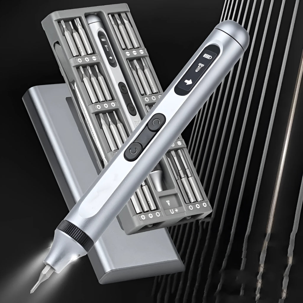 Compact aluminium alloy electric screwdriver showing its 134.5mm length and ergonomic handle design.