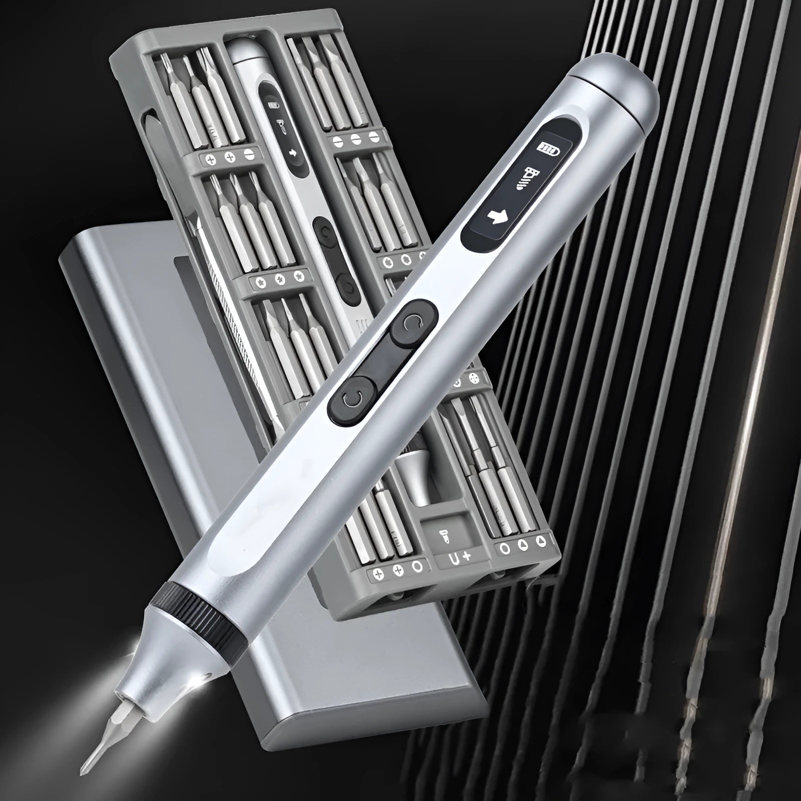 Compact aluminium alloy electric screwdriver showing its 134.5mm length and ergonomic handle design.