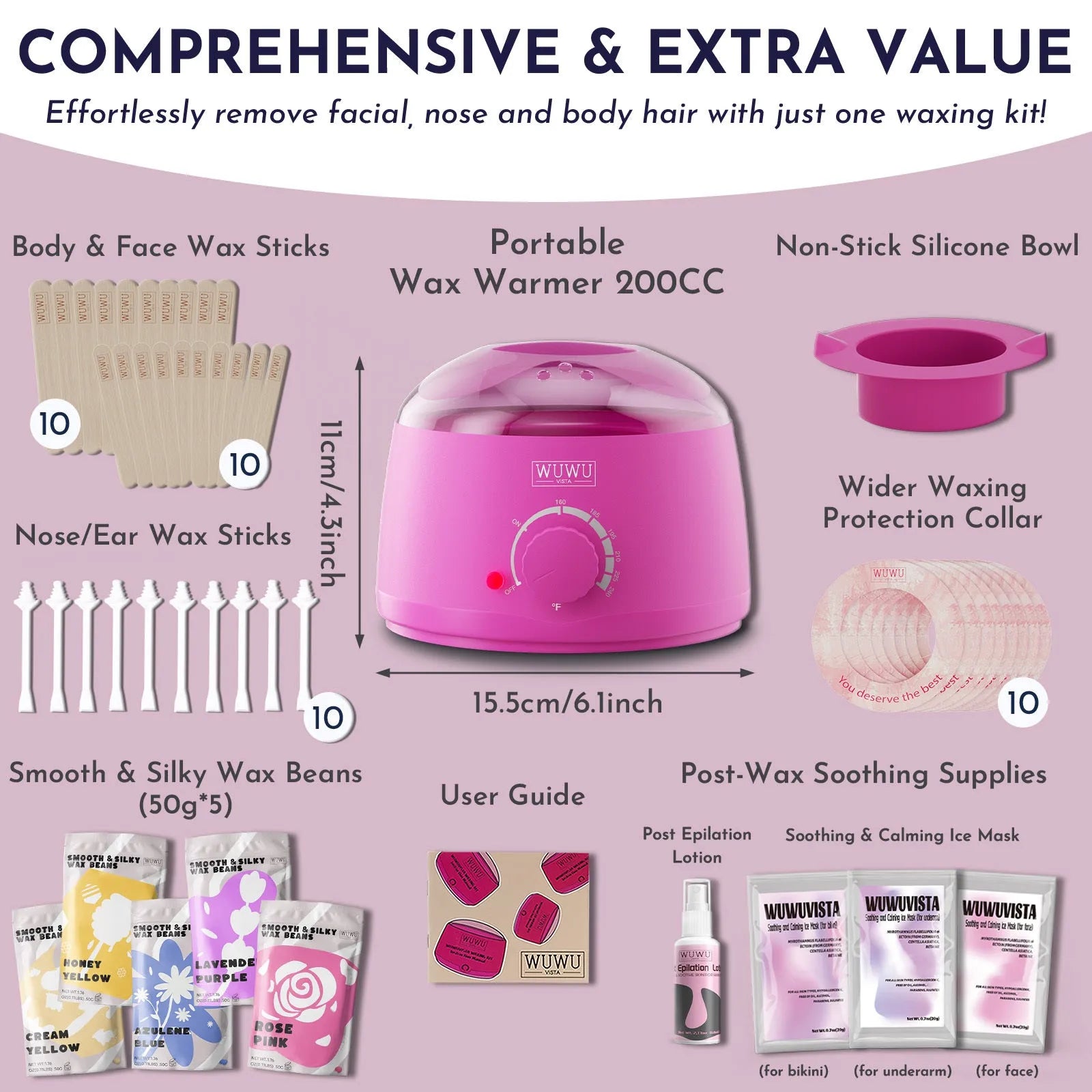 Black or pink 52-piece professional waxing kit with wax warmer, beans, lotion, masks, and tools